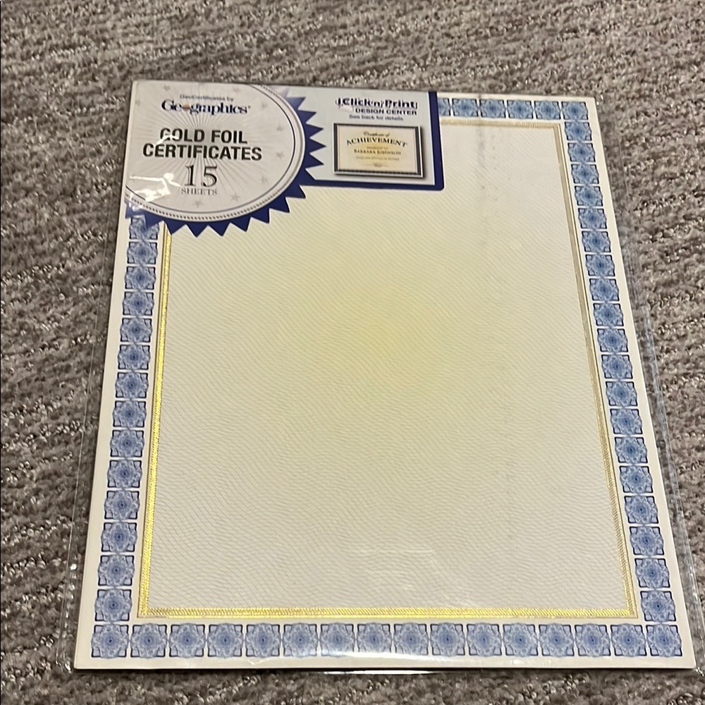 Geographics Gold Foil Certificates with Blue Border